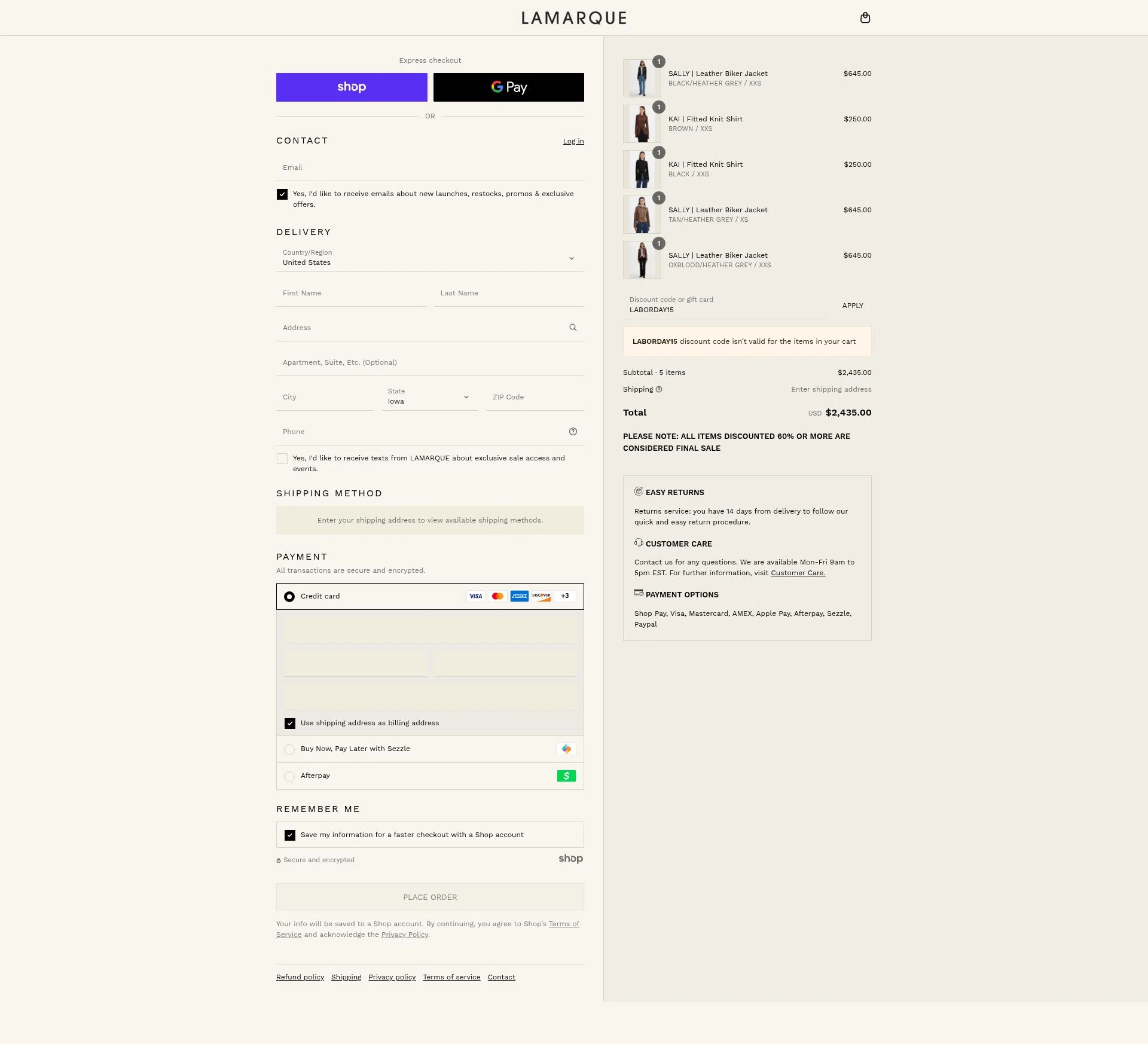 Lamarque checkout page showing Lamarque promo code box | Screenshot taken by SimplyCodes community member on Sep 2, 2025