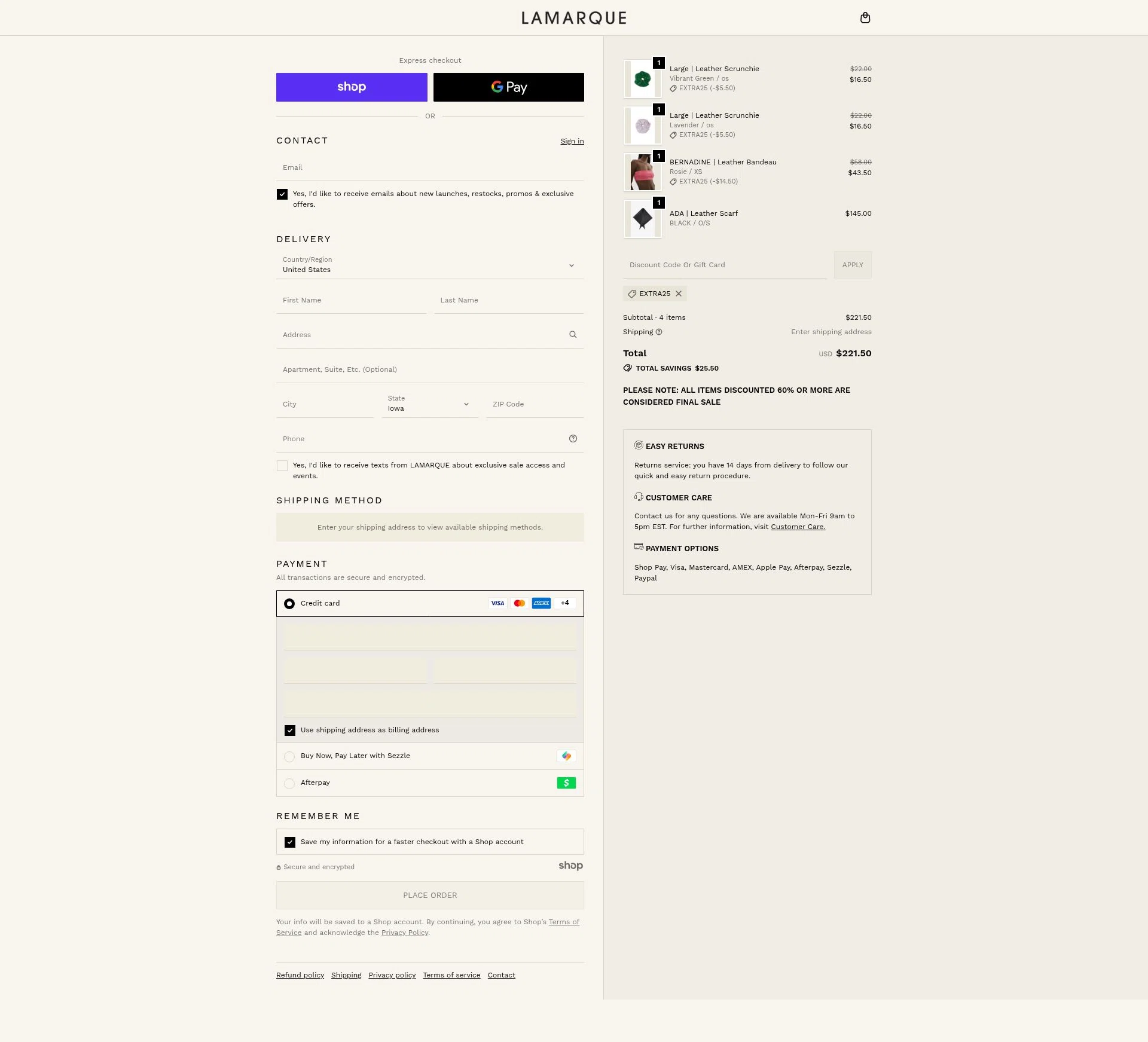 Lamarque checkout page showing Lamarque promo code box | Screenshot taken by SimplyCodes community member on Dec 2, 2025