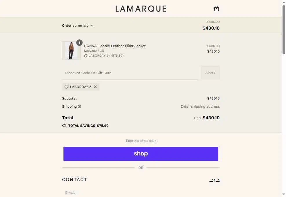 Lamarque checkout page showing Lamarque promo code box | Screenshot taken by SimplyCodes community member on Aug 30, 2025