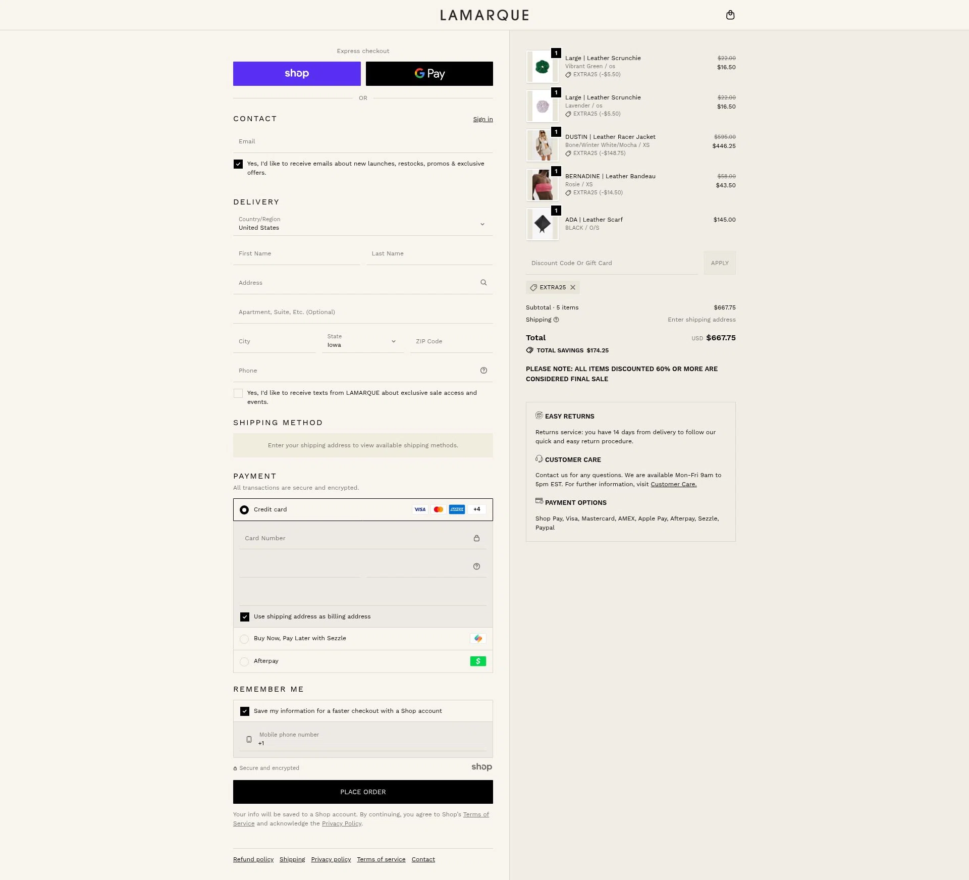Lamarque checkout page showing Lamarque promo code box | Screenshot taken by SimplyCodes community member on Nov 27, 2025