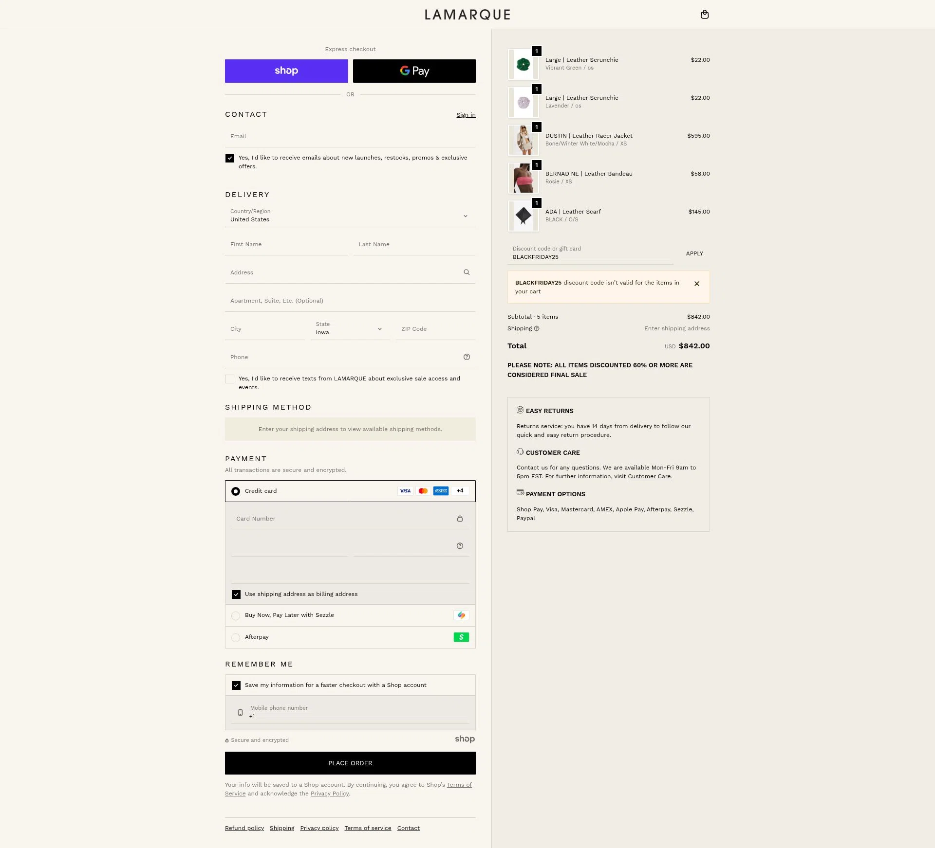 Lamarque checkout page showing Lamarque promo code box | Screenshot taken by SimplyCodes community member on Nov 27, 2025