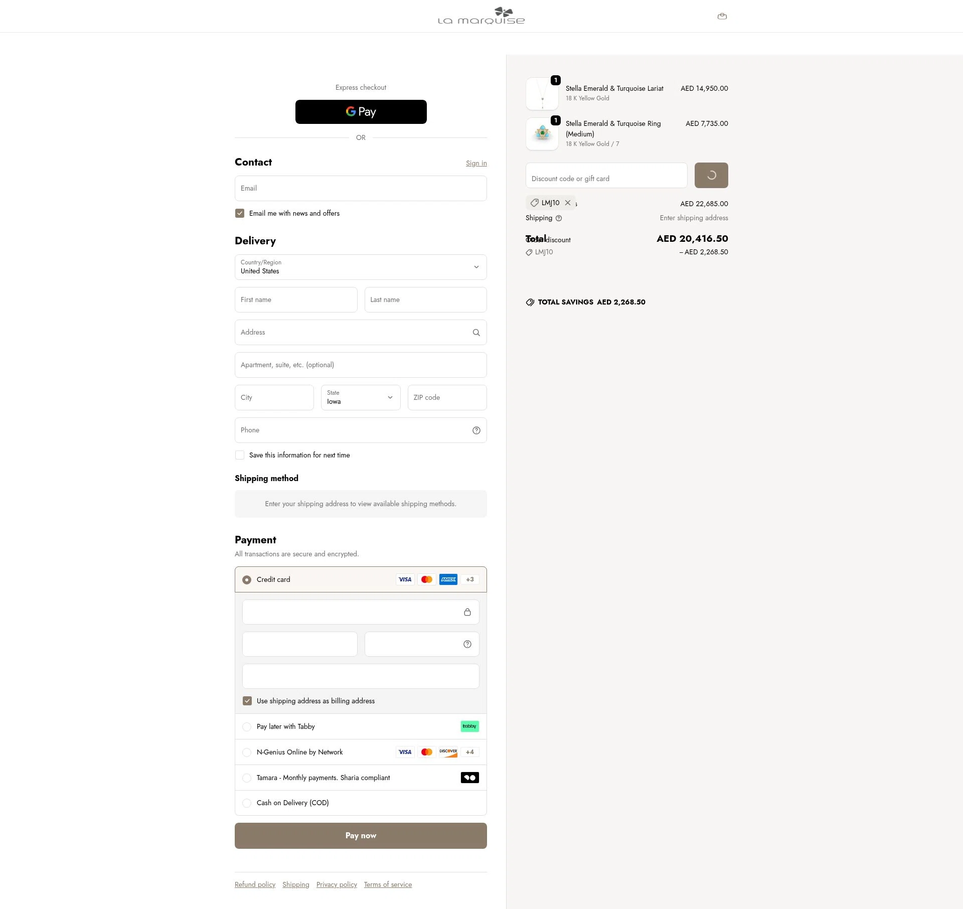 La Marquise Jewellery checkout page showing La Marquise Jewellery promo code box | Screenshot taken by SimplyCodes community member on Jan 1, 2026