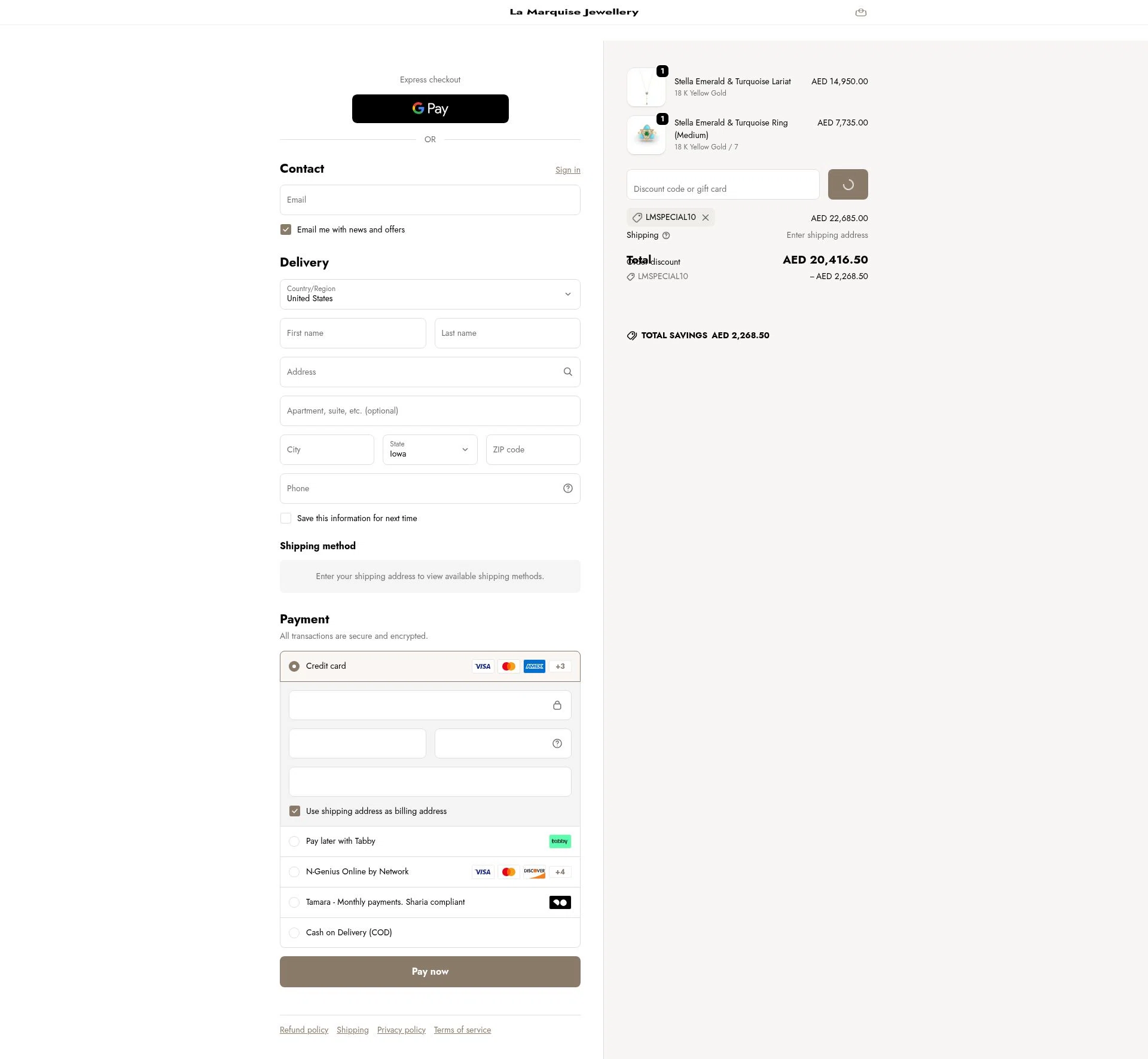 La Marquise Jewellery checkout page showing La Marquise Jewellery promo code box | Screenshot taken by SimplyCodes community member on Dec 23, 2025