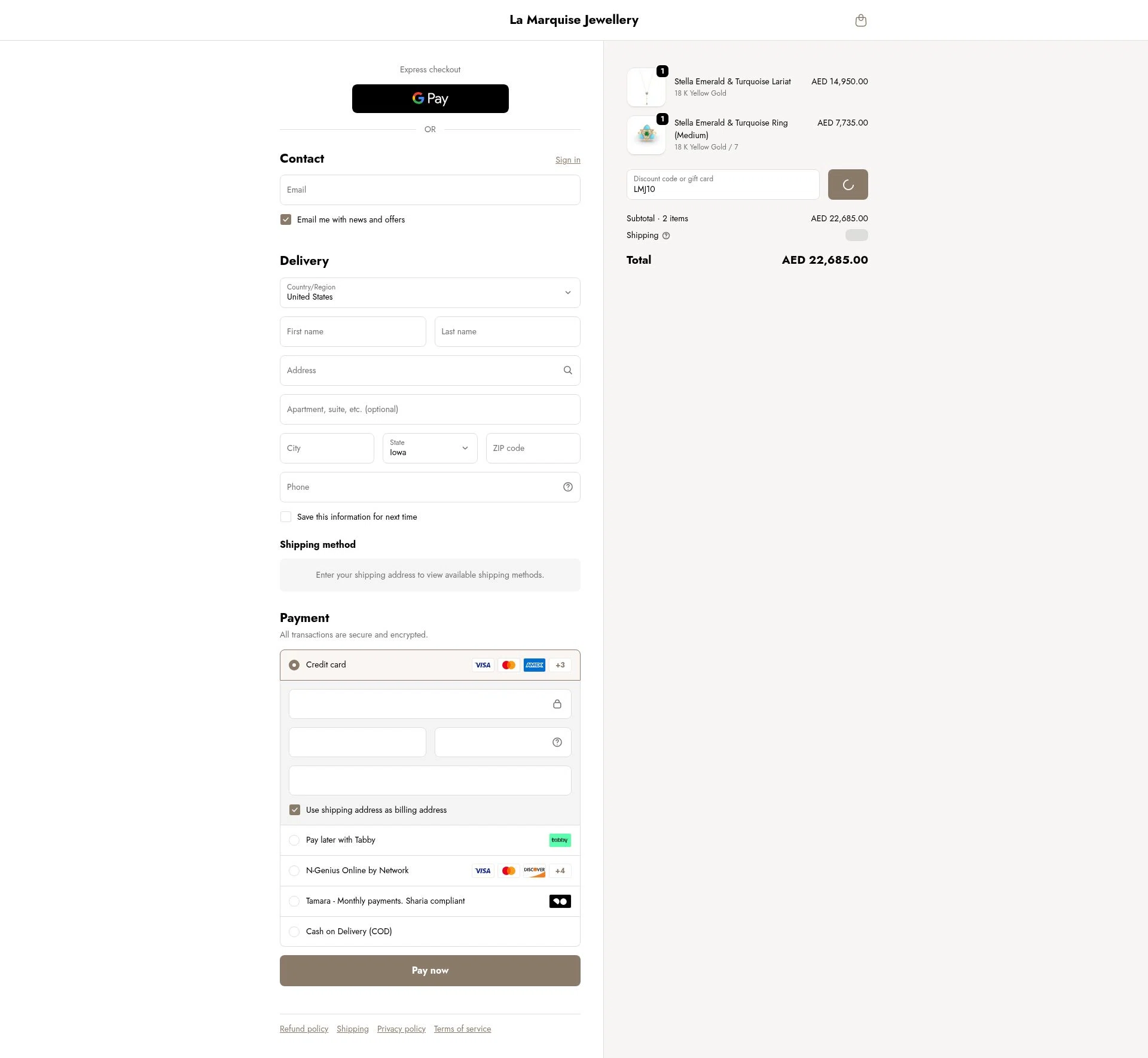 La Marquise Jewellery checkout page showing La Marquise Jewellery promo code box | Screenshot taken by SimplyCodes community member on Dec 16, 2025