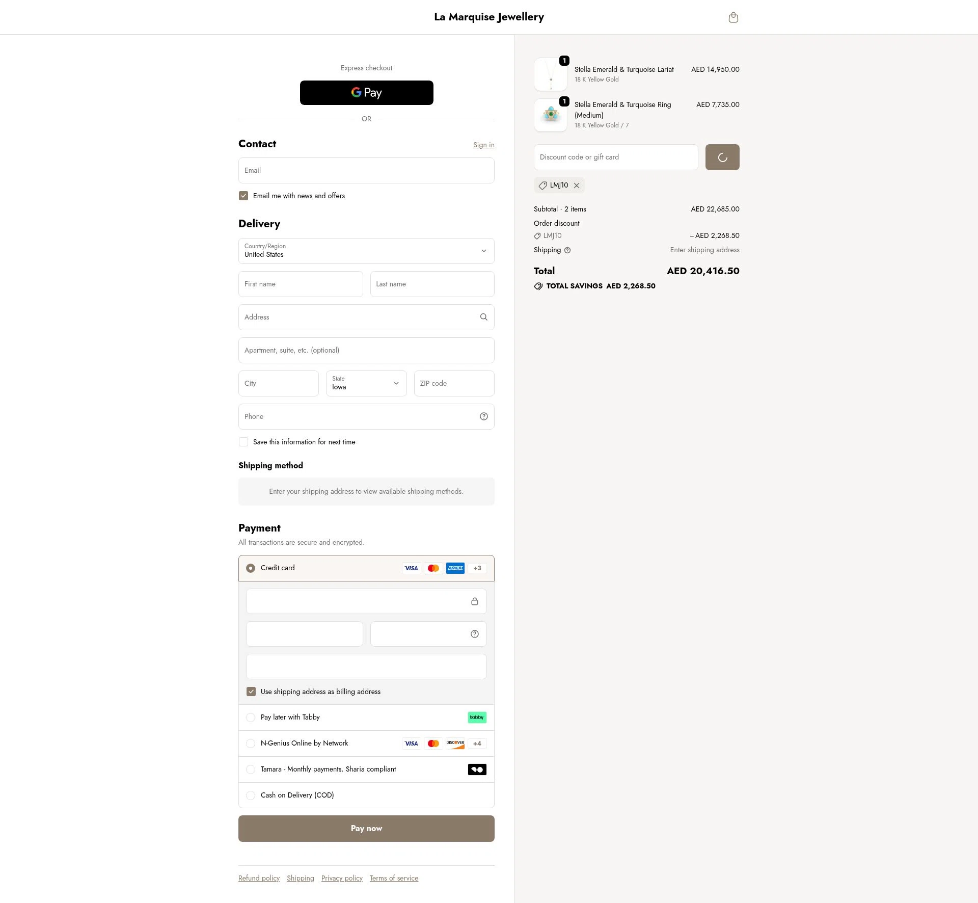 La Marquise Jewellery checkout page showing La Marquise Jewellery promo code box | Screenshot taken by SimplyCodes community member on Dec 27, 2025