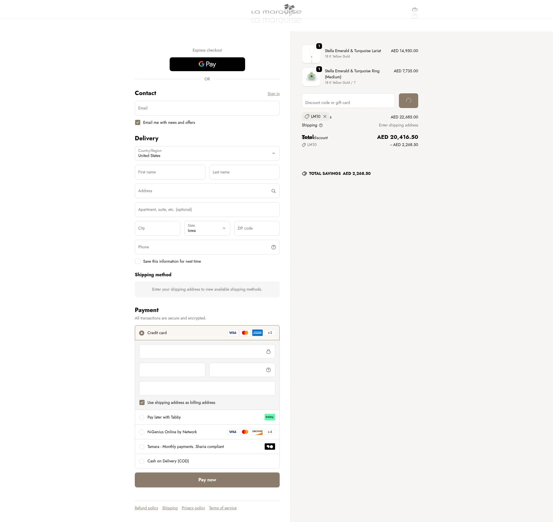 La Marquise Jewellery checkout page showing La Marquise Jewellery promo code box | Screenshot taken by SimplyCodes community member on Jan 1, 2026