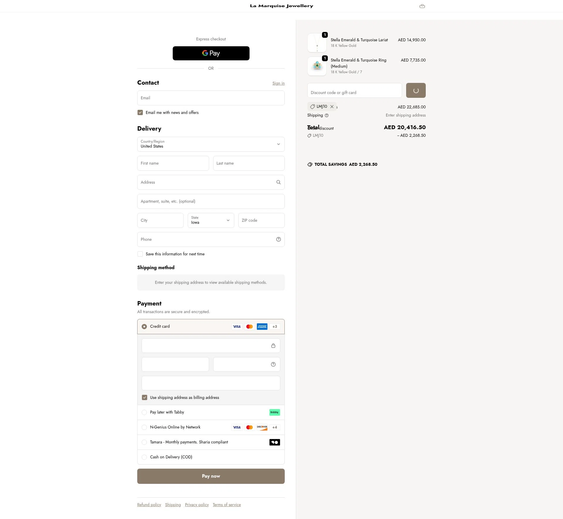 La Marquise Jewellery checkout page showing La Marquise Jewellery promo code box | Screenshot taken by SimplyCodes community member on Dec 23, 2025