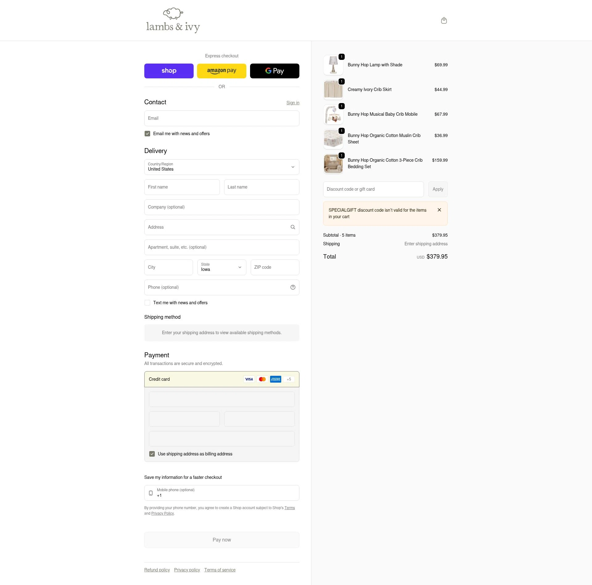 Lambs & Ivy checkout page showing Lambs & Ivy discount code box | Screenshot taken by SimplyCodes community member on Feb 5, 2026