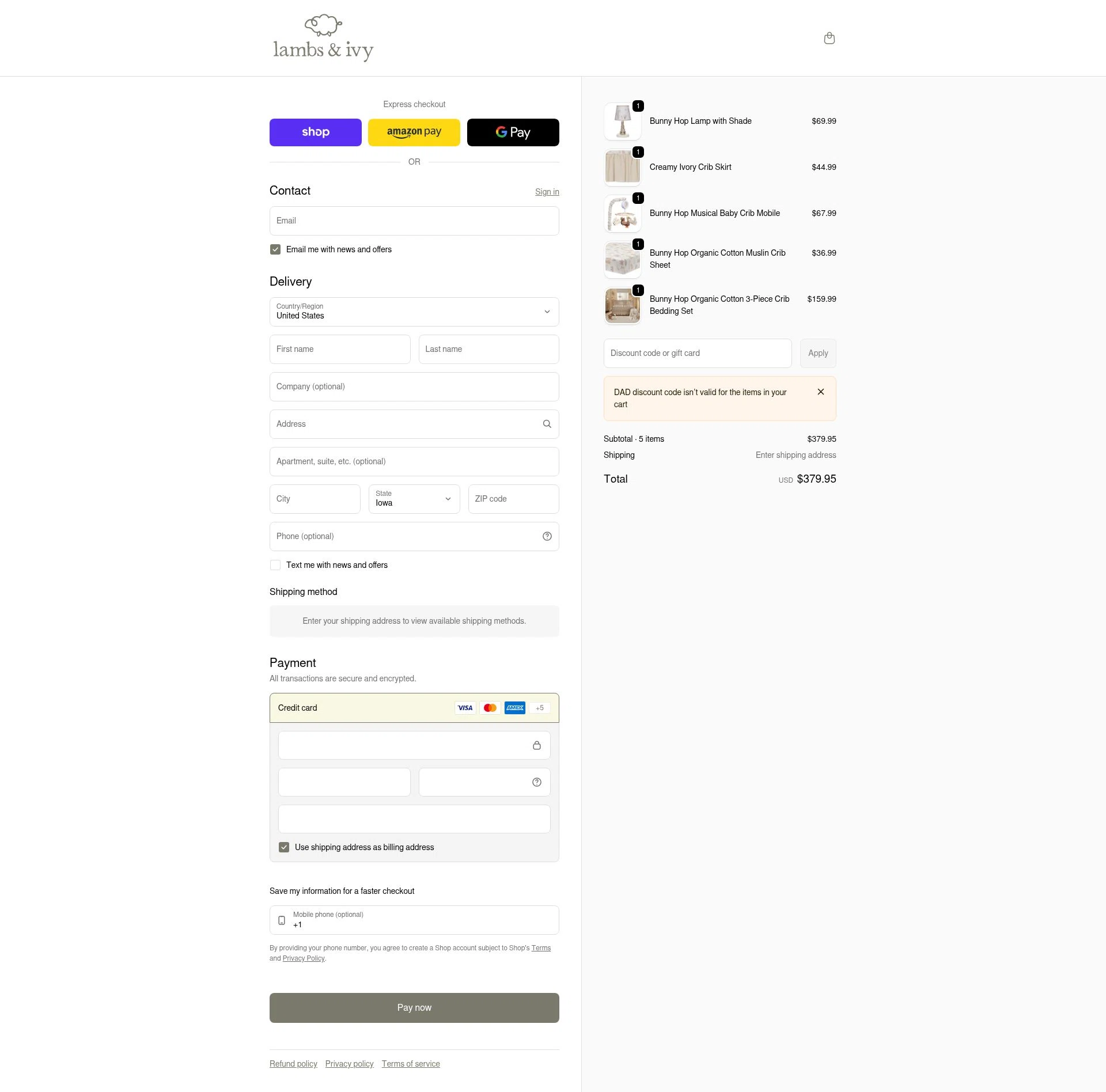 Lambs & Ivy checkout page showing Lambs & Ivy discount code box | Screenshot taken by SimplyCodes community member on Feb 5, 2026