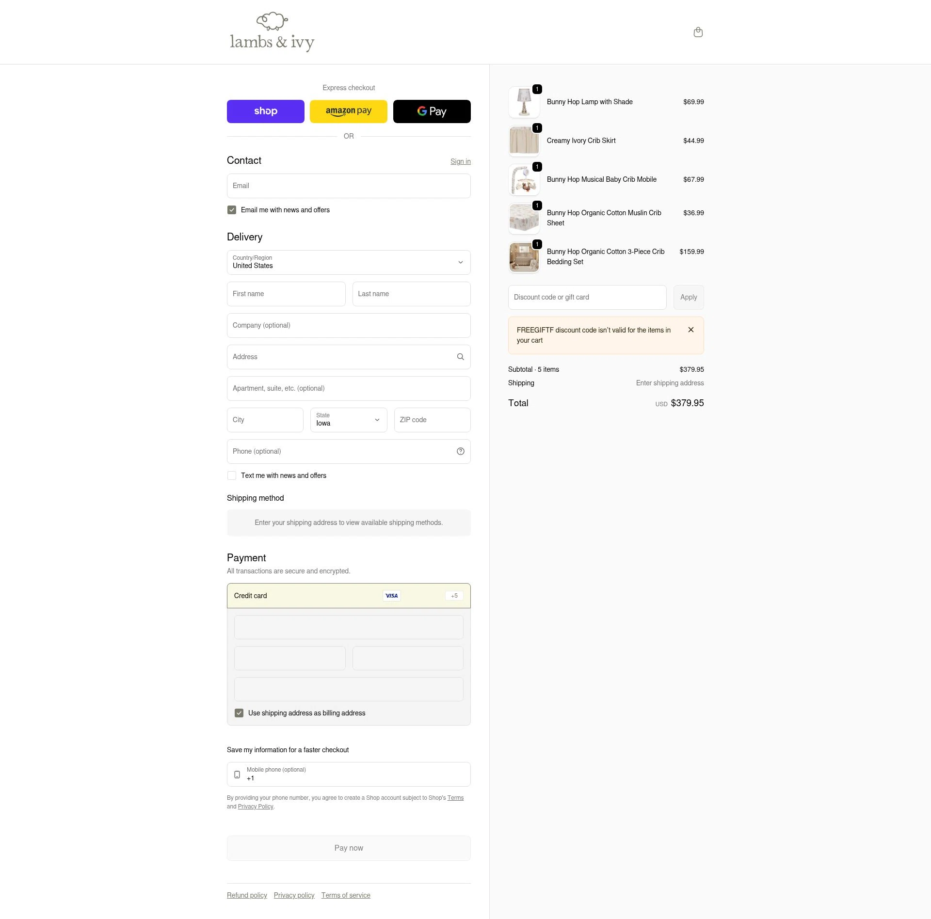 Lambs & Ivy checkout page showing Lambs & Ivy discount code box | Screenshot taken by SimplyCodes community member on Feb 5, 2026