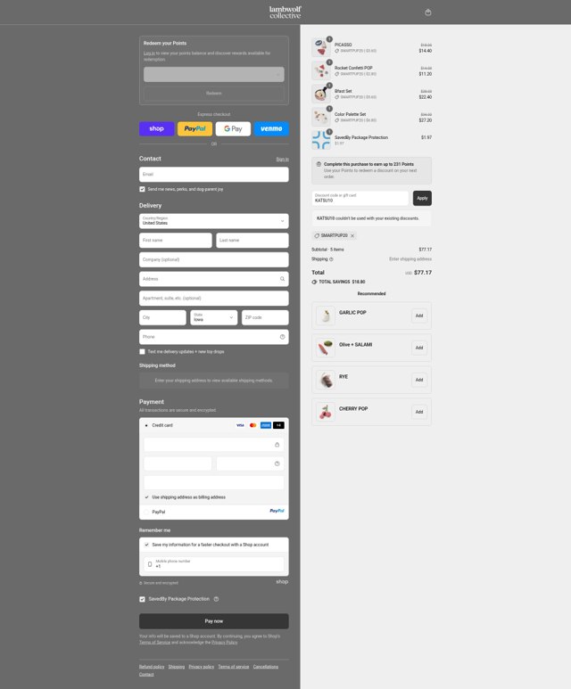Lambwolf Collective checkout page showing Lambwolf Collective discount code box | Screenshot taken by SimplyCodes community member on Sep 9, 2025