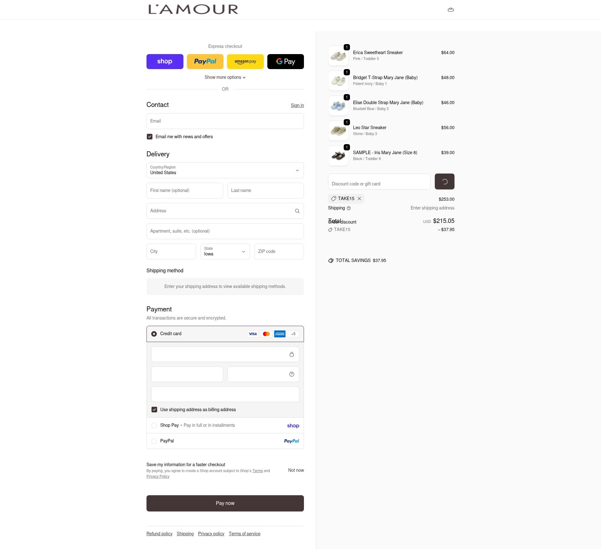 L'Amour Shoes checkout page showing L'Amour Shoes promo code box | Screenshot taken by SimplyCodes community member on Feb 15, 2026