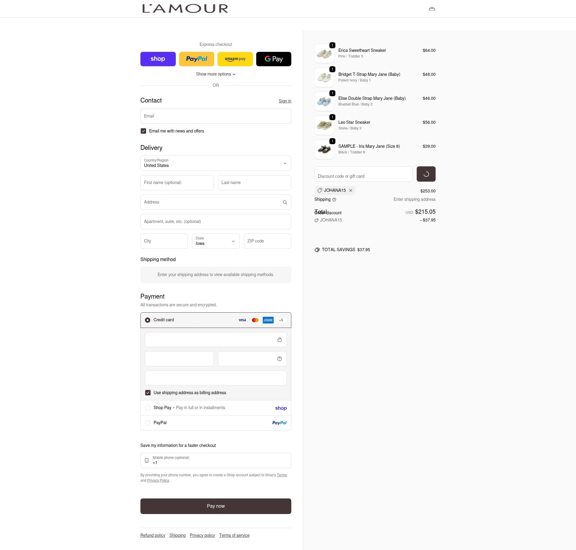 L'Amour Shoes checkout page showing L'Amour Shoes promo code box | Screenshot taken by SimplyCodes community member on Feb 19, 2026