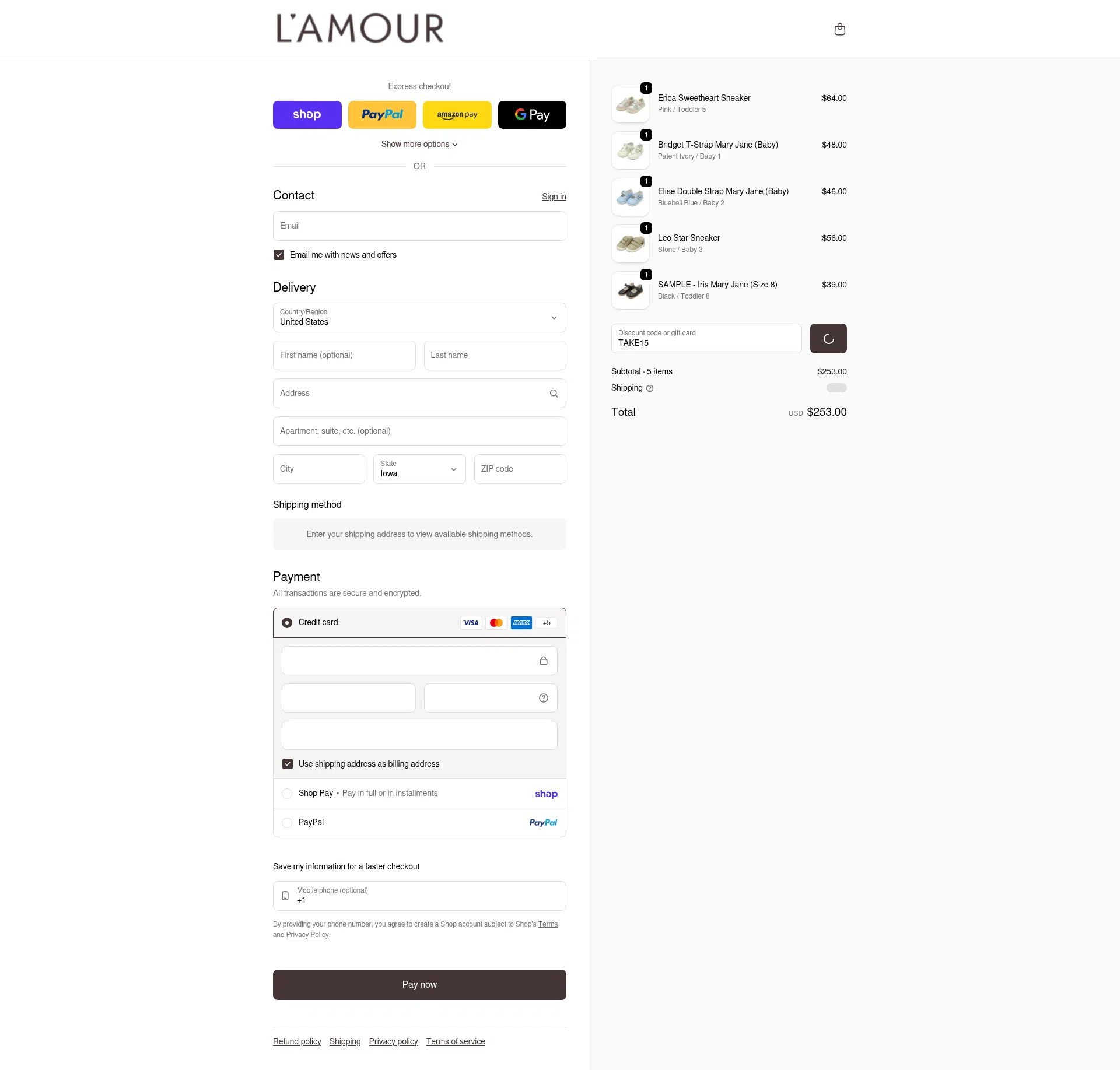 L'Amour Shoes checkout page showing L'Amour Shoes promo code box | Screenshot taken by SimplyCodes community member on Feb 19, 2026
