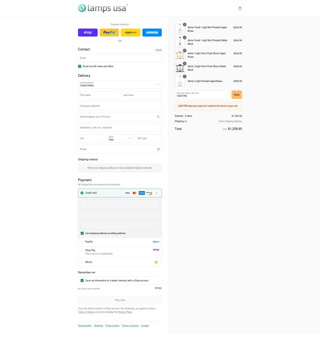 LampsUSA checkout page showing LampsUSA coupon code box | Screenshot taken by SimplyCodes community member on Sep 6, 2025