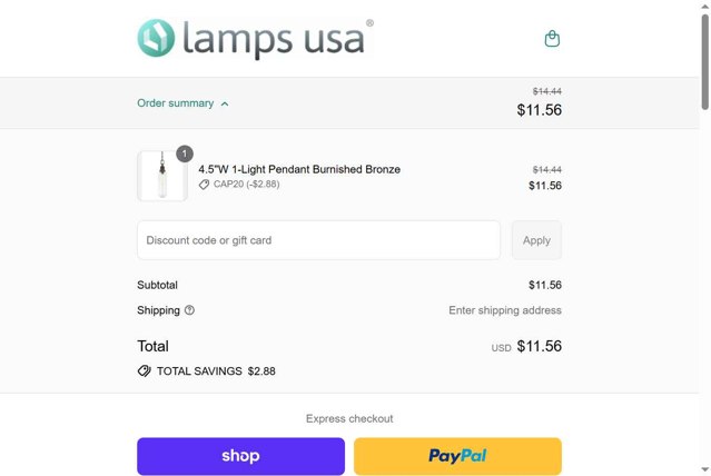 LampsUSA checkout page showing LampsUSA coupon code box | Screenshot taken by SimplyCodes community member on Sep 1, 2025