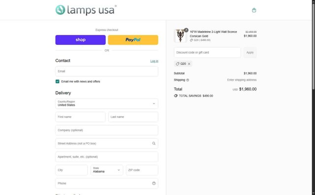 LampsUSA checkout page showing LampsUSA coupon code box | Screenshot taken by SimplyCodes community member on Sep 2, 2025