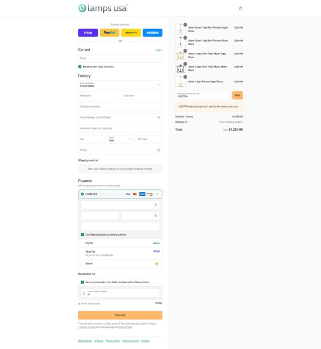 LampsUSA checkout page showing LampsUSA coupon code box | Screenshot taken by SimplyCodes community member on Sep 1, 2025