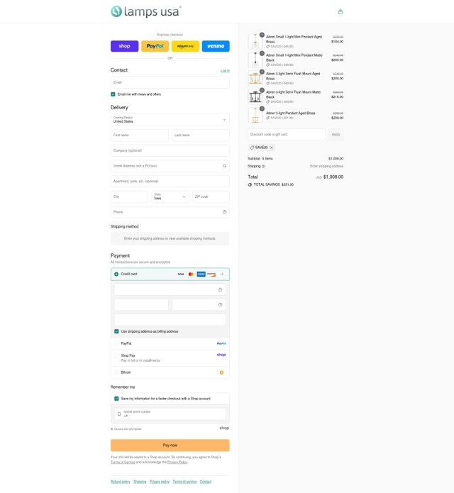LampsUSA checkout page showing LampsUSA coupon code box | Screenshot taken by SimplyCodes community member on Sep 6, 2025