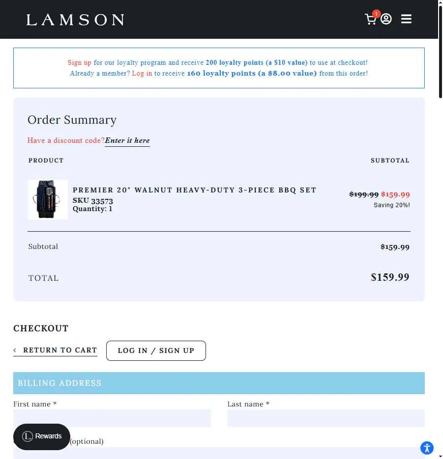 Lamson Products checkout page showing Lamson Products coupon code box | Screenshot taken by SimplyCodes community member on Jan 9, 2026