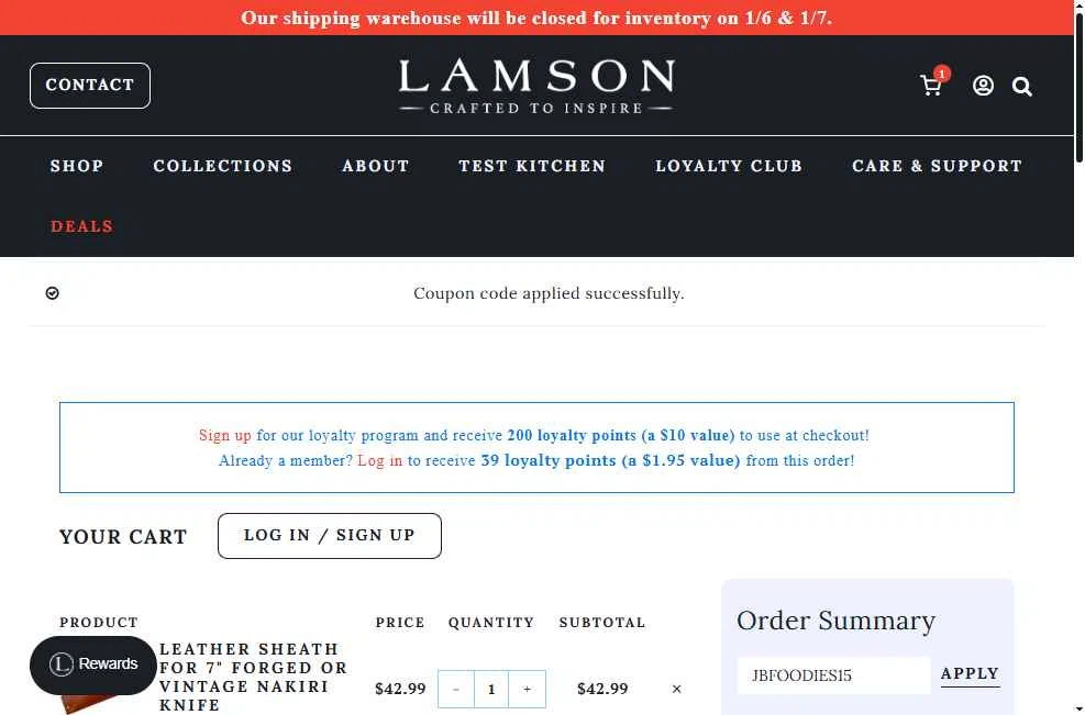 Lamson Products checkout page showing Lamson Products coupon code box | Screenshot taken by SimplyCodes community member on Jan 7, 2026