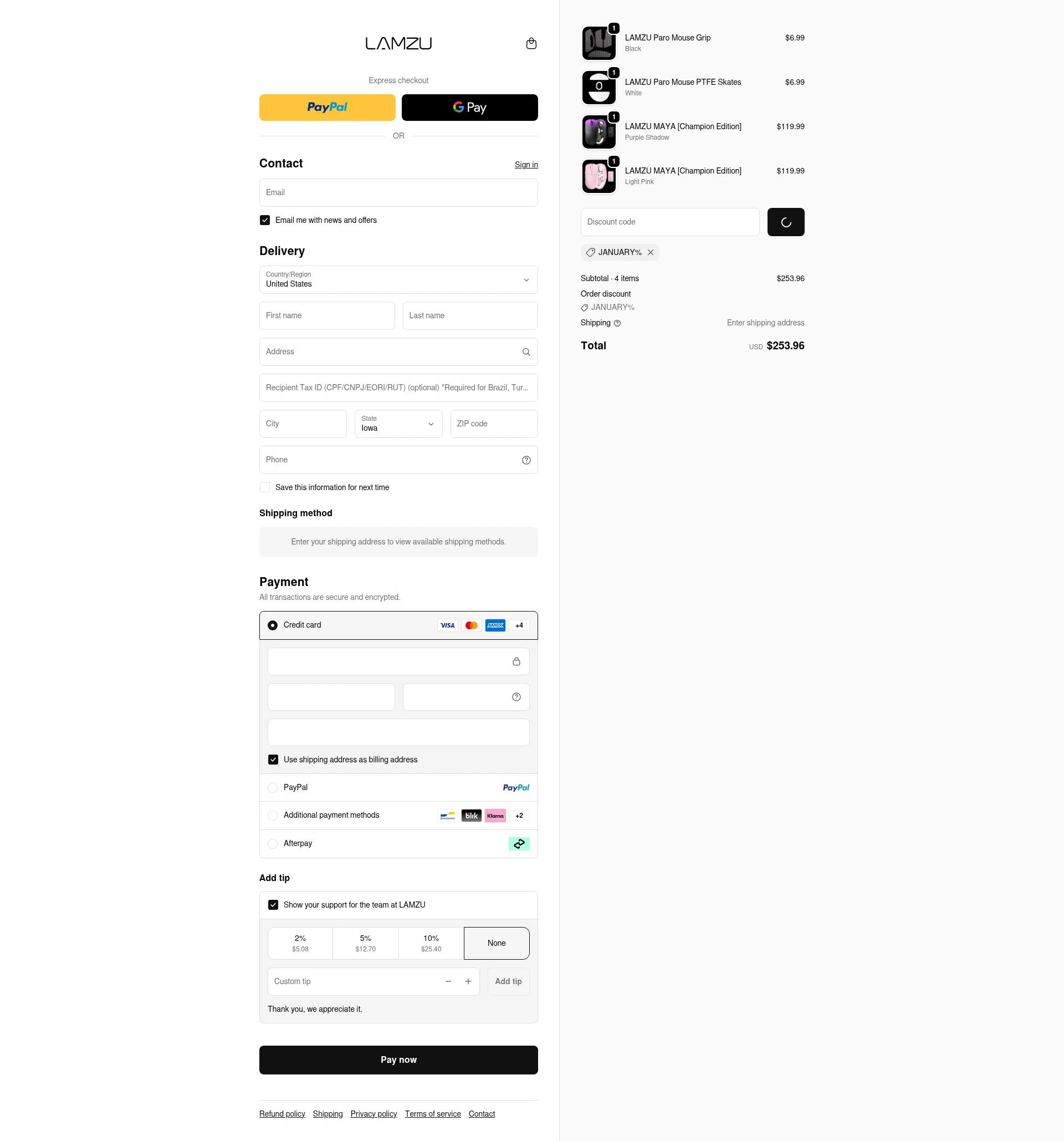 LAMZU checkout page showing LAMZU discount code box | Screenshot taken by SimplyCodes community member on Feb 9, 2026