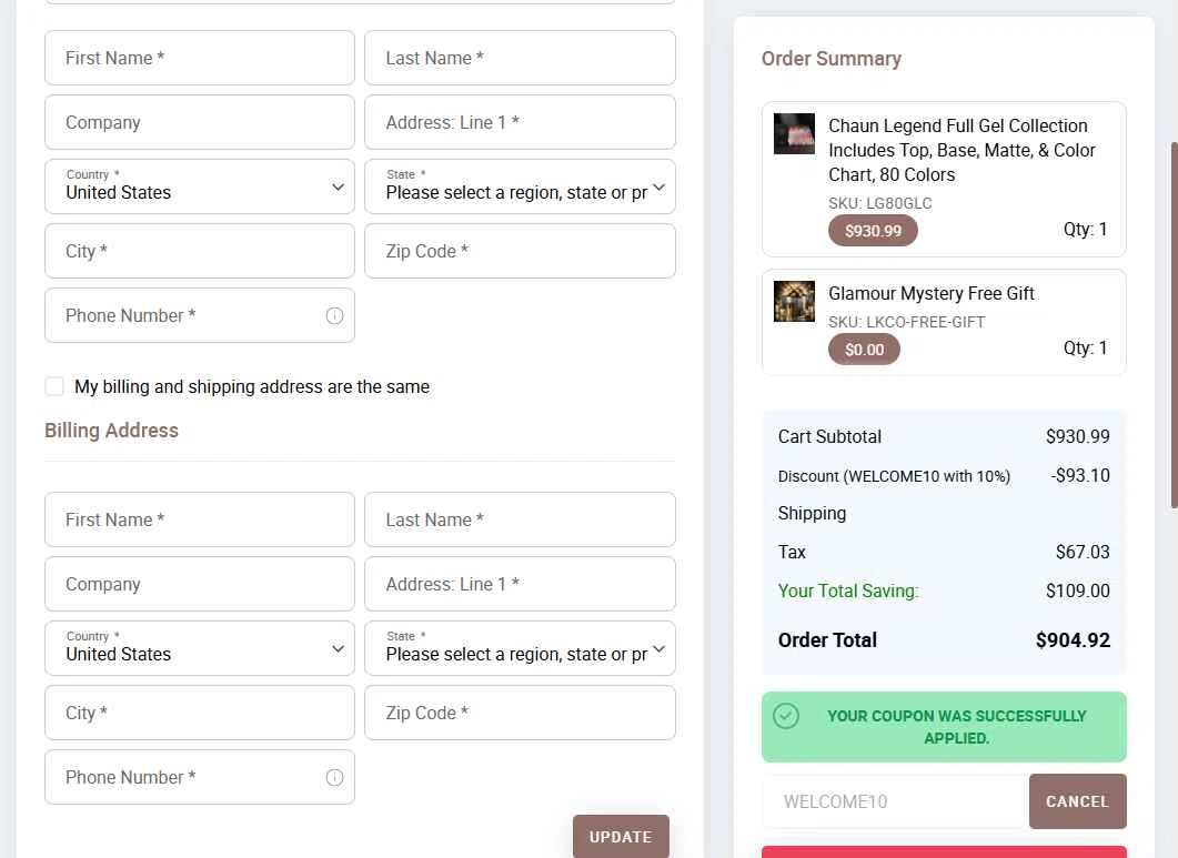 LA Nail Supply checkout page showing LA Nail Supply coupon code box | Screenshot taken by SimplyCodes community member on Jun 27, 2025