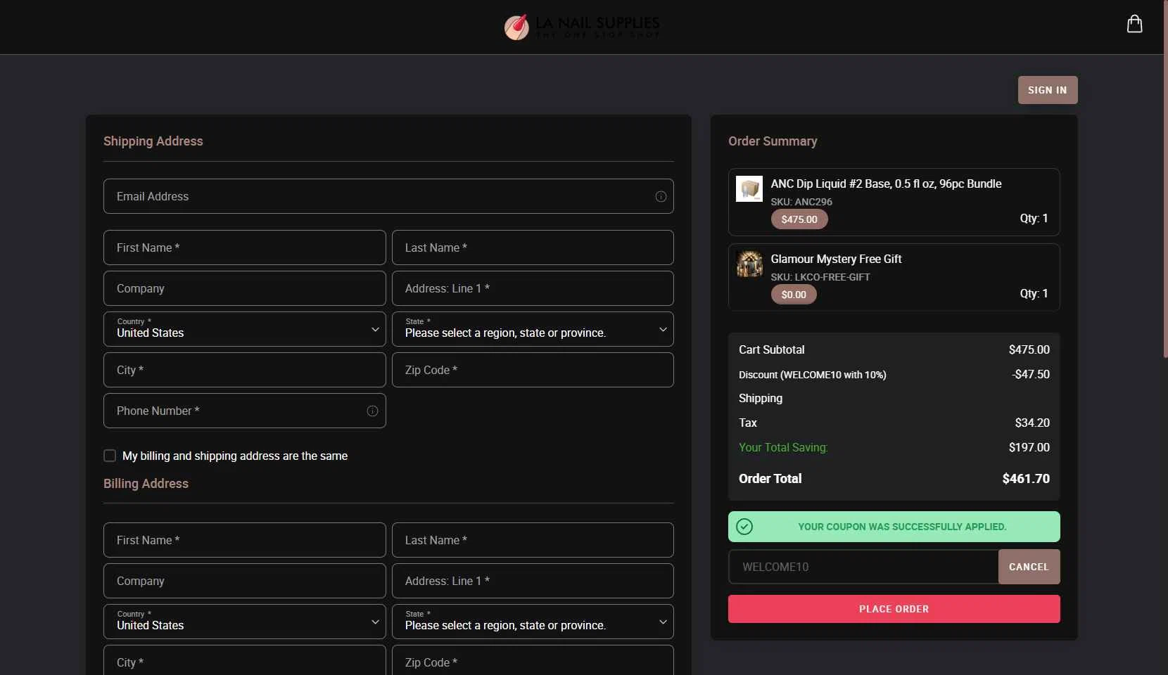 LA Nail Supply checkout page showing LA Nail Supply coupon code box | Screenshot taken by SimplyCodes community member on Jun 27, 2025