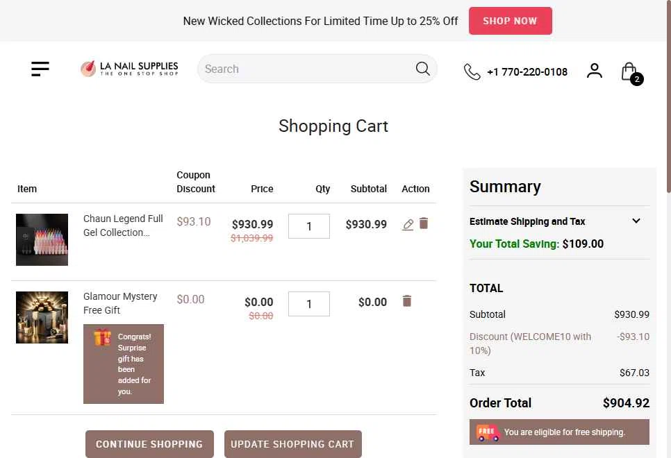 LA Nail Supply checkout page showing LA Nail Supply coupon code box | Screenshot taken by SimplyCodes community member on Jun 27, 2025