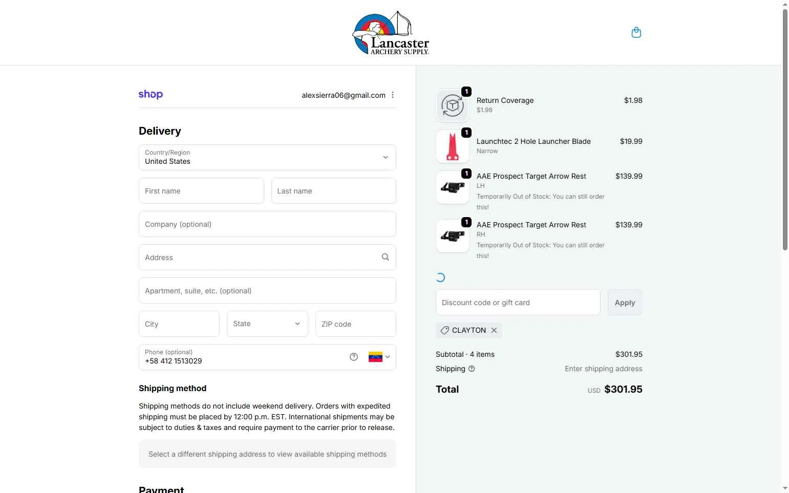 Lancaster Archery Supply checkout page showing Lancaster Archery Supply discount code box | Screenshot taken by SimplyCodes community member on Feb 13, 2026