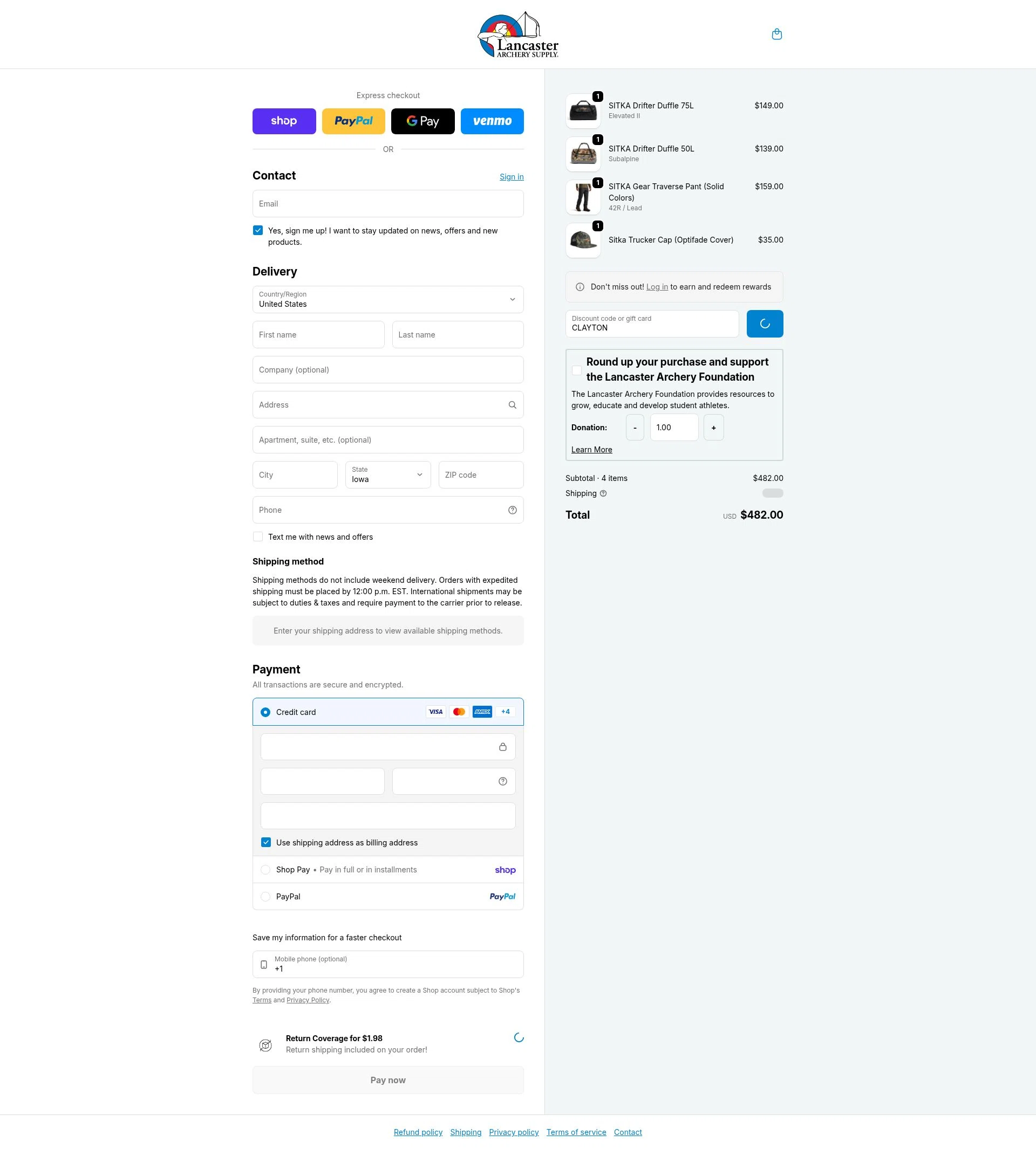 Lancaster Archery Supply checkout page showing Lancaster Archery Supply discount code box | Screenshot taken by SimplyCodes community member on Feb 12, 2026