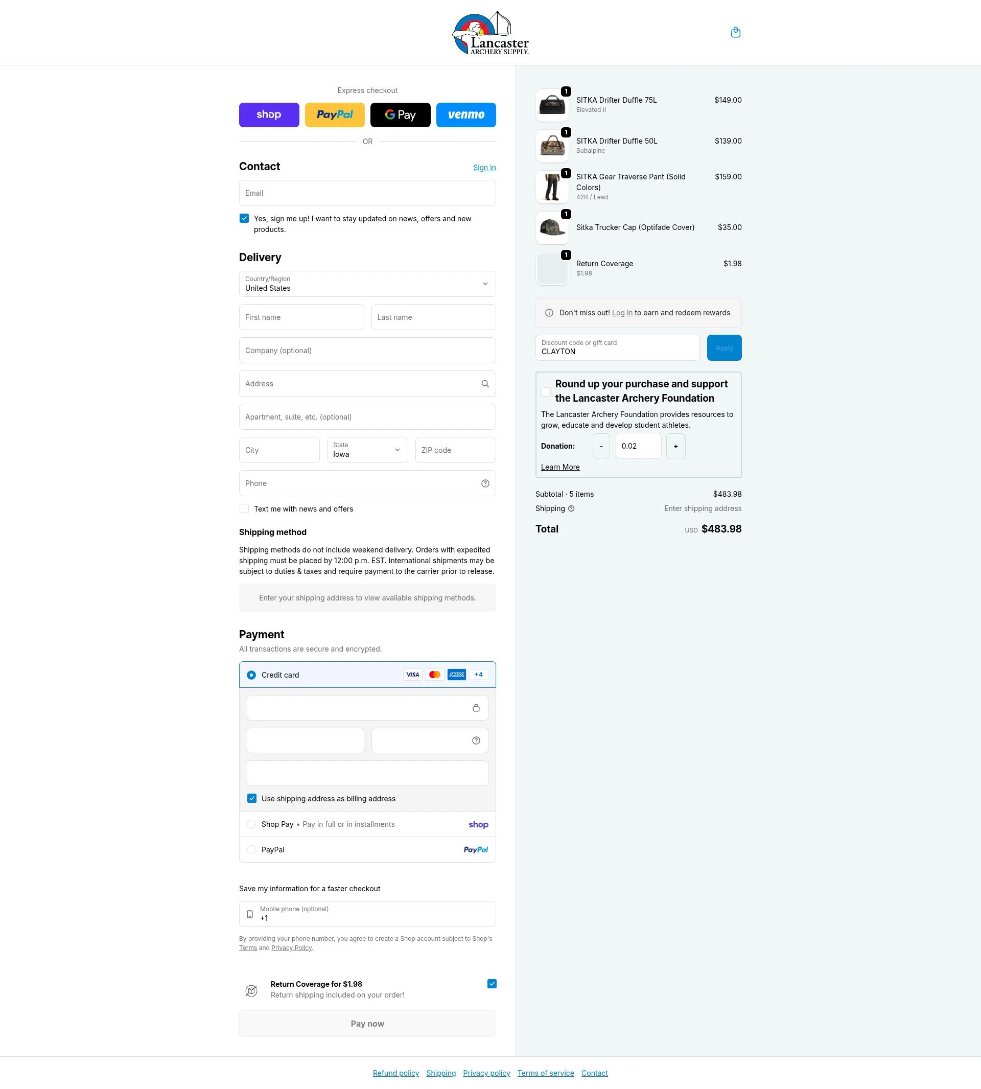Lancaster Archery Supply checkout page showing Lancaster Archery Supply discount code box | Screenshot taken by SimplyCodes community member on Feb 15, 2026