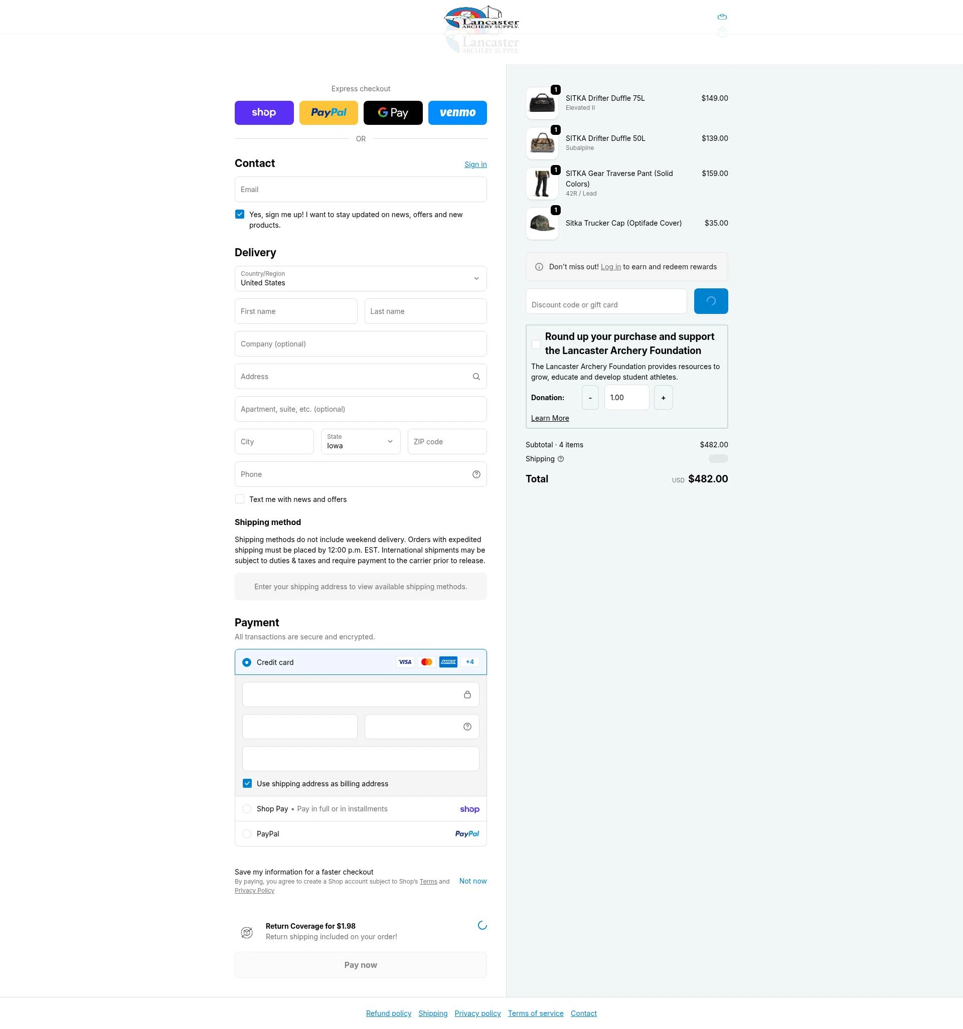 Lancaster Archery Supply checkout page showing Lancaster Archery Supply discount code box | Screenshot taken by SimplyCodes community member on Feb 18, 2026