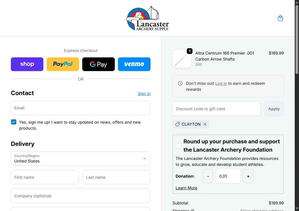 Lancaster Archery Supply checkout page showing Lancaster Archery Supply discount code box | Screenshot taken by SimplyCodes community member on Feb 20, 2026