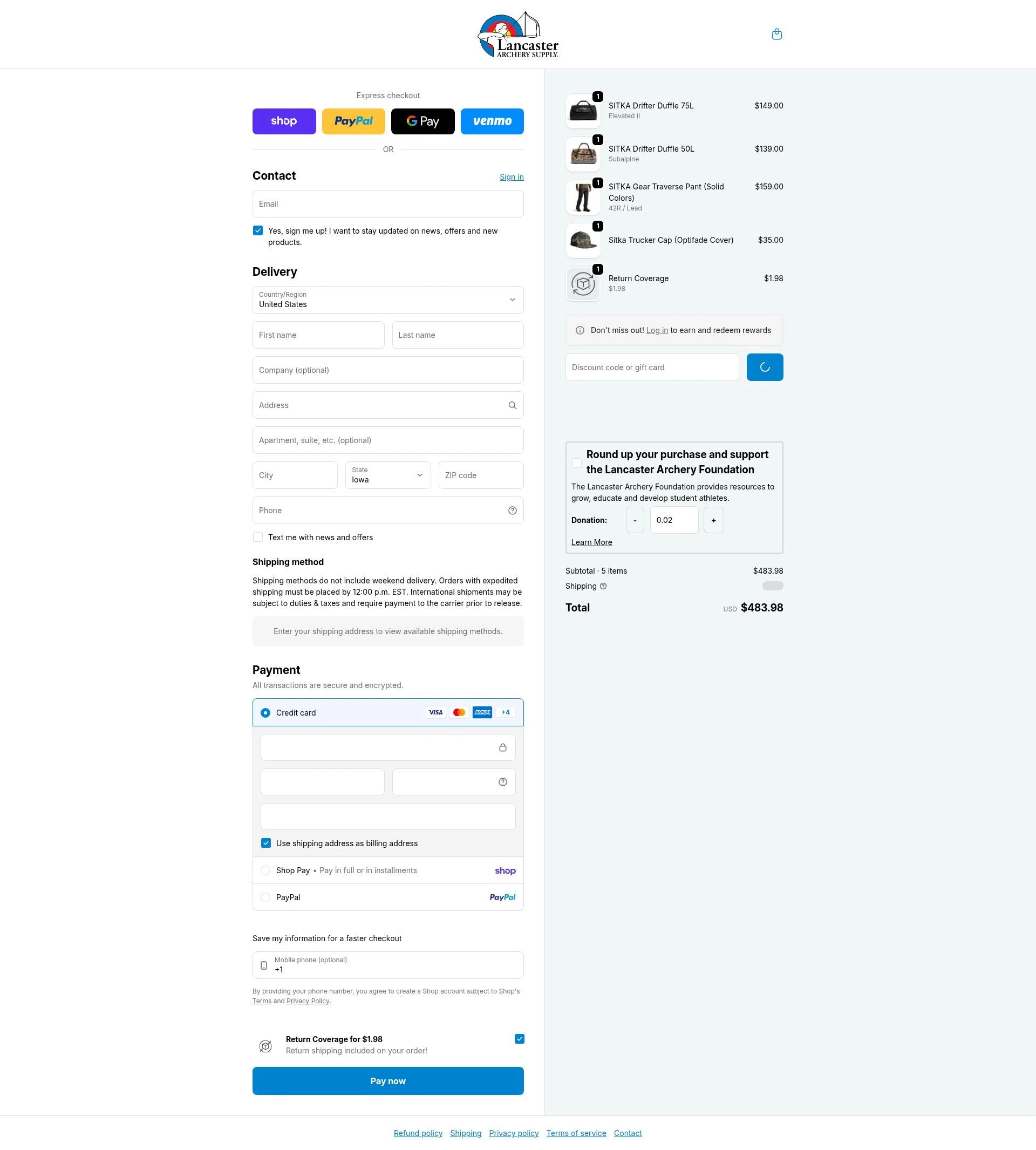 Lancaster Archery Supply checkout page showing Lancaster Archery Supply discount code box | Screenshot taken by SimplyCodes community member on Feb 18, 2026