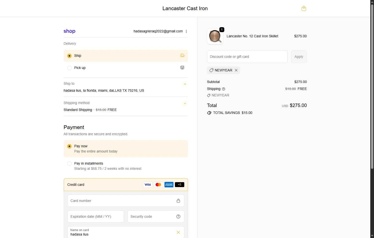 Lancaster Cast Iron checkout page showing Lancaster Cast Iron discount code box | Screenshot taken by SimplyCodes community member on Dec 26, 2025