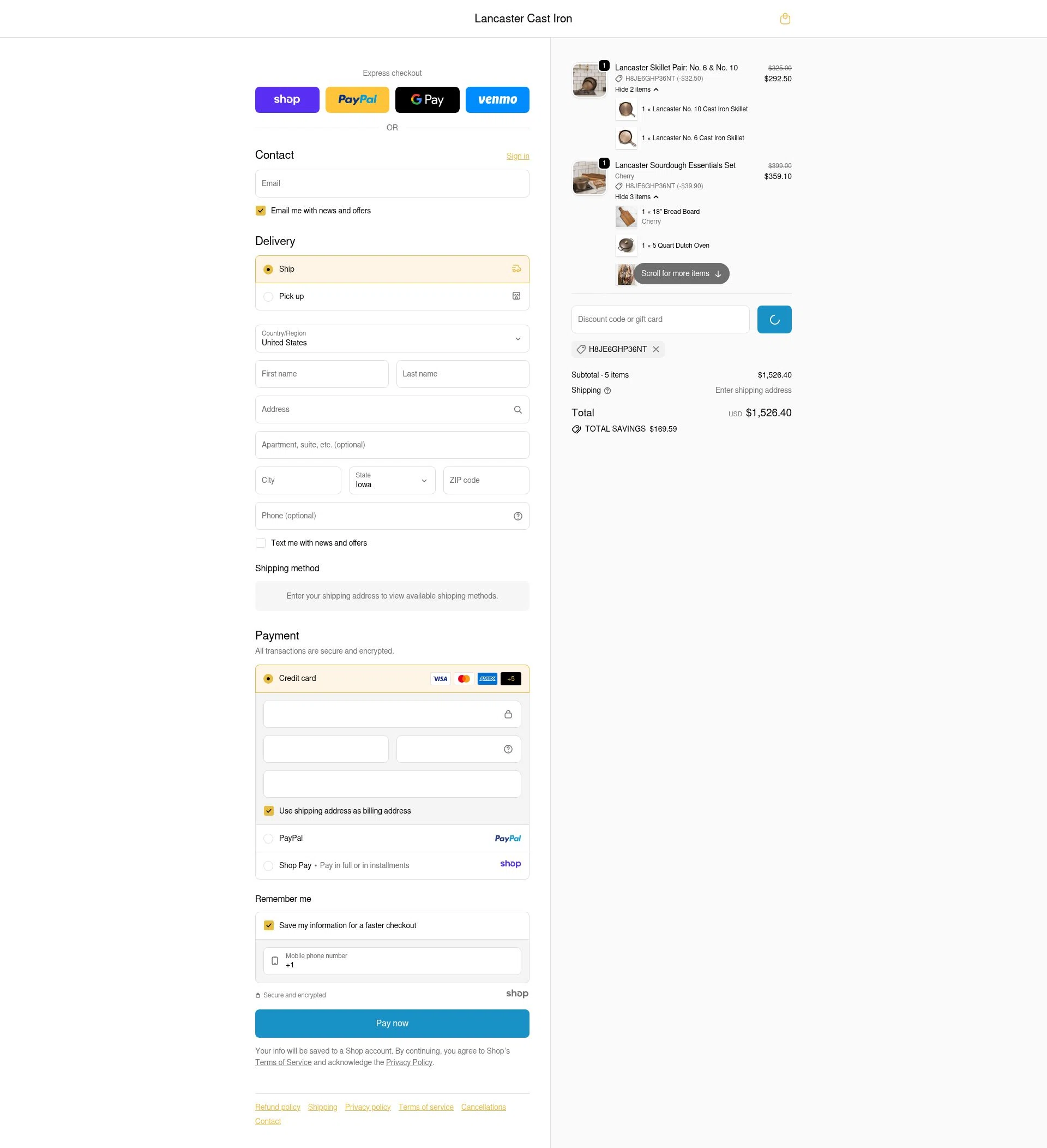 Lancaster Cast Iron checkout page showing Lancaster Cast Iron discount code box | Screenshot taken by SimplyCodes community member on Dec 17, 2025