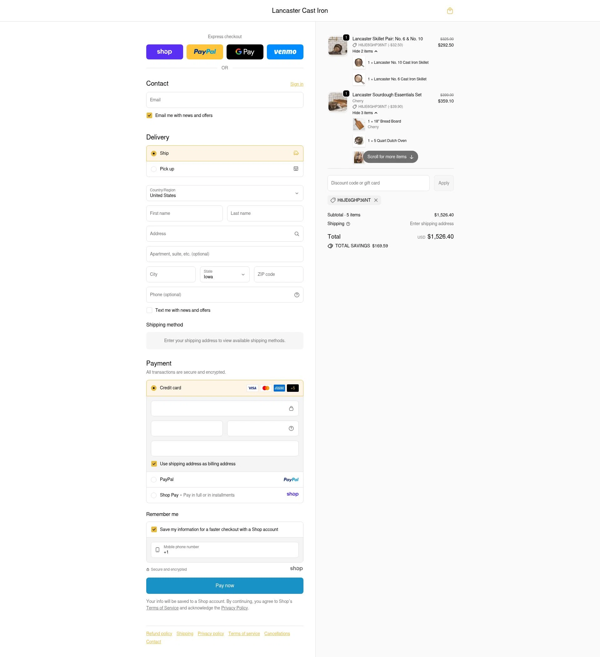 Lancaster Cast Iron checkout page showing Lancaster Cast Iron discount code box | Screenshot taken by SimplyCodes community member on Dec 11, 2025