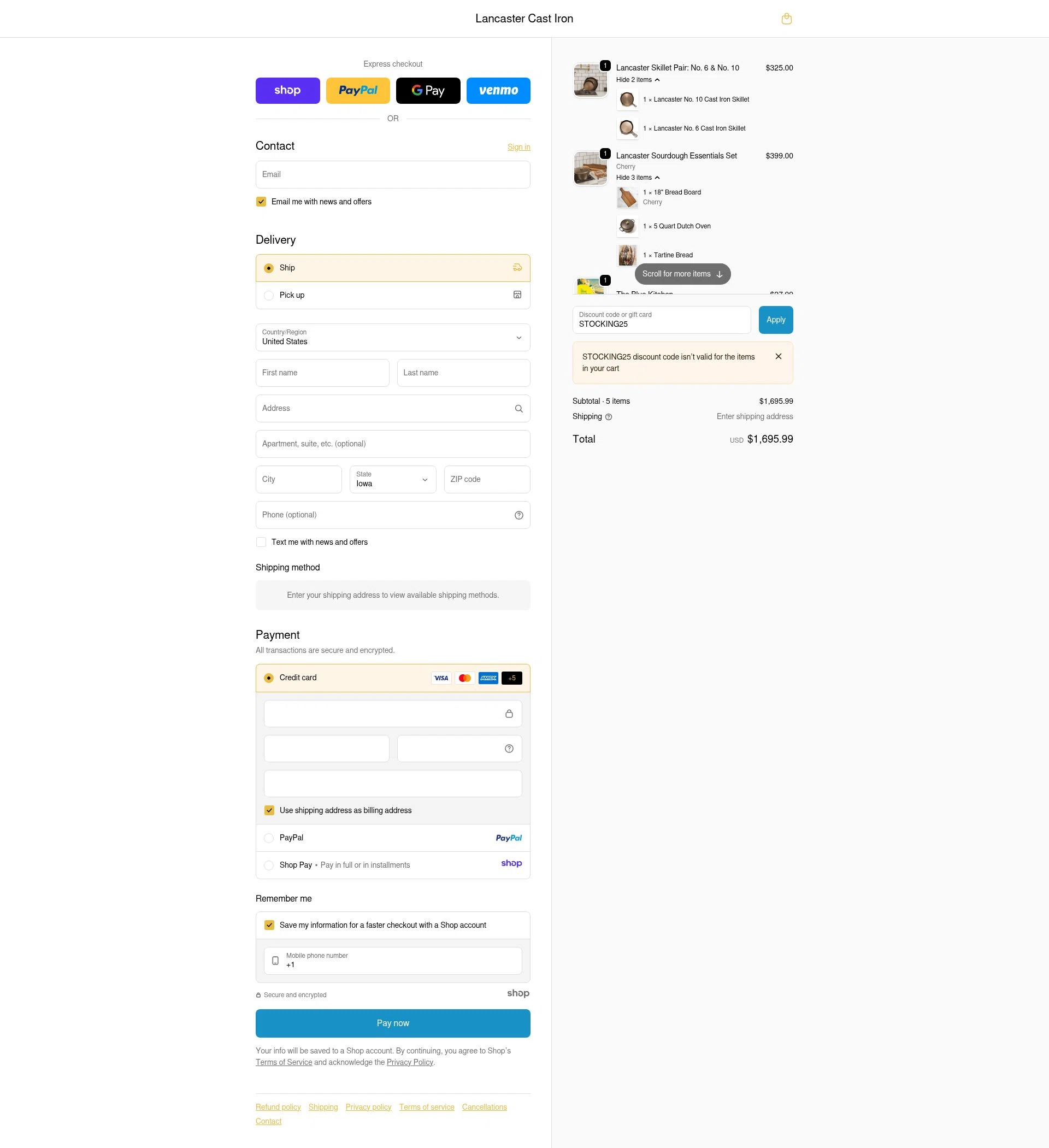 Lancaster Cast Iron checkout page showing Lancaster Cast Iron discount code box | Screenshot taken by SimplyCodes community member on Dec 11, 2025