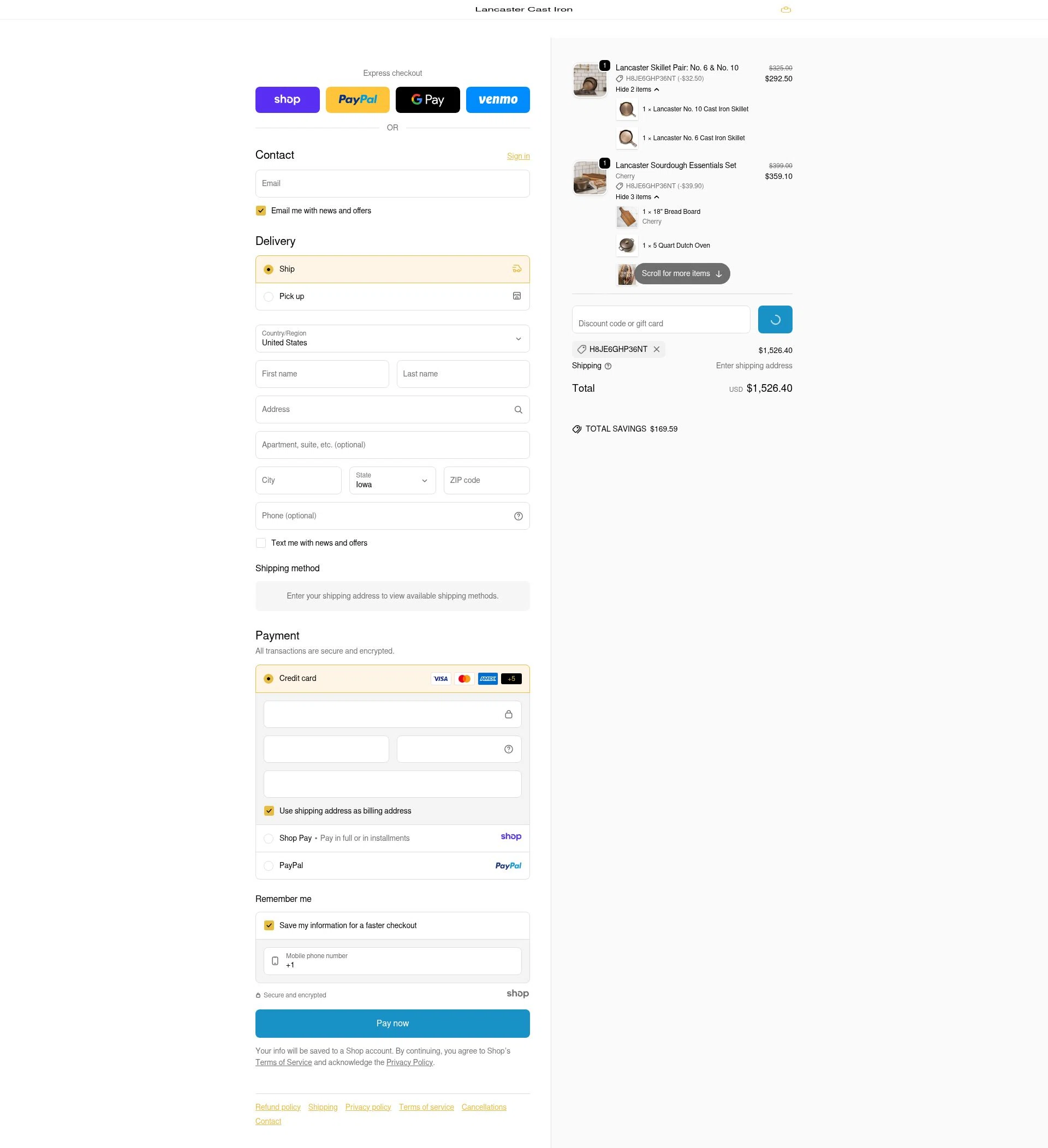 Lancaster Cast Iron checkout page showing Lancaster Cast Iron discount code box | Screenshot taken by SimplyCodes community member on Jan 8, 2026