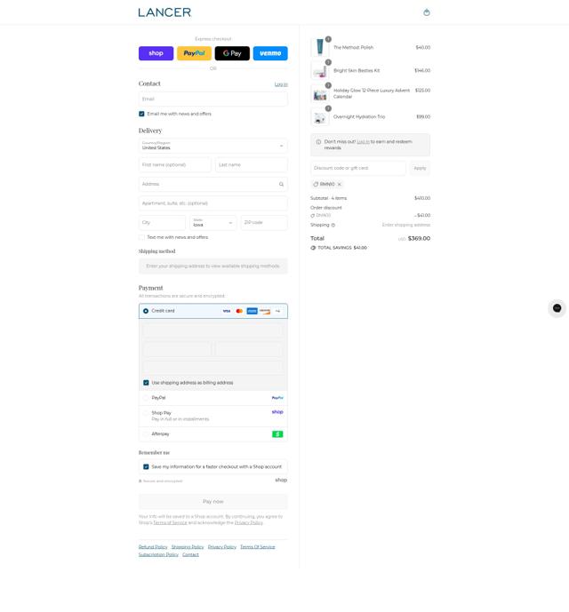 Lancer Skincare checkout page showing Lancer Skincare promo code box | Screenshot taken by SimplyCodes community member on Sep 6, 2025