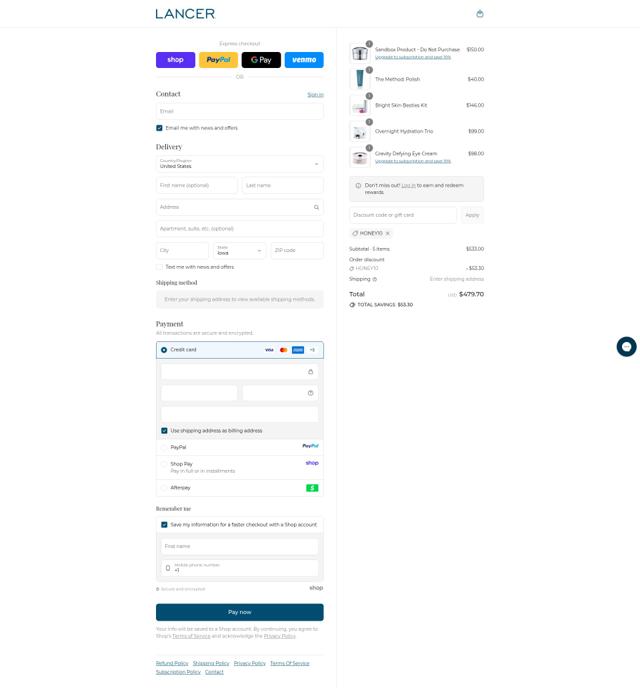 Lancer Skincare checkout page showing Lancer Skincare promo code box | Screenshot taken by SimplyCodes community member on Sep 10, 2025