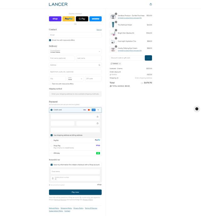 Lancer Skincare checkout page showing Lancer Skincare promo code box | Screenshot taken by SimplyCodes community member on Sep 15, 2025