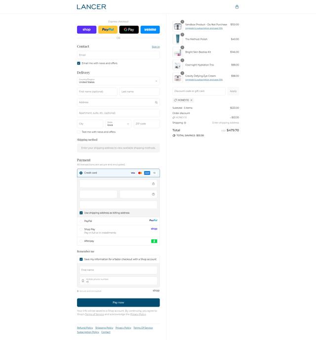 Lancer Skincare checkout page showing Lancer Skincare promo code box | Screenshot taken by SimplyCodes community member on Sep 15, 2025