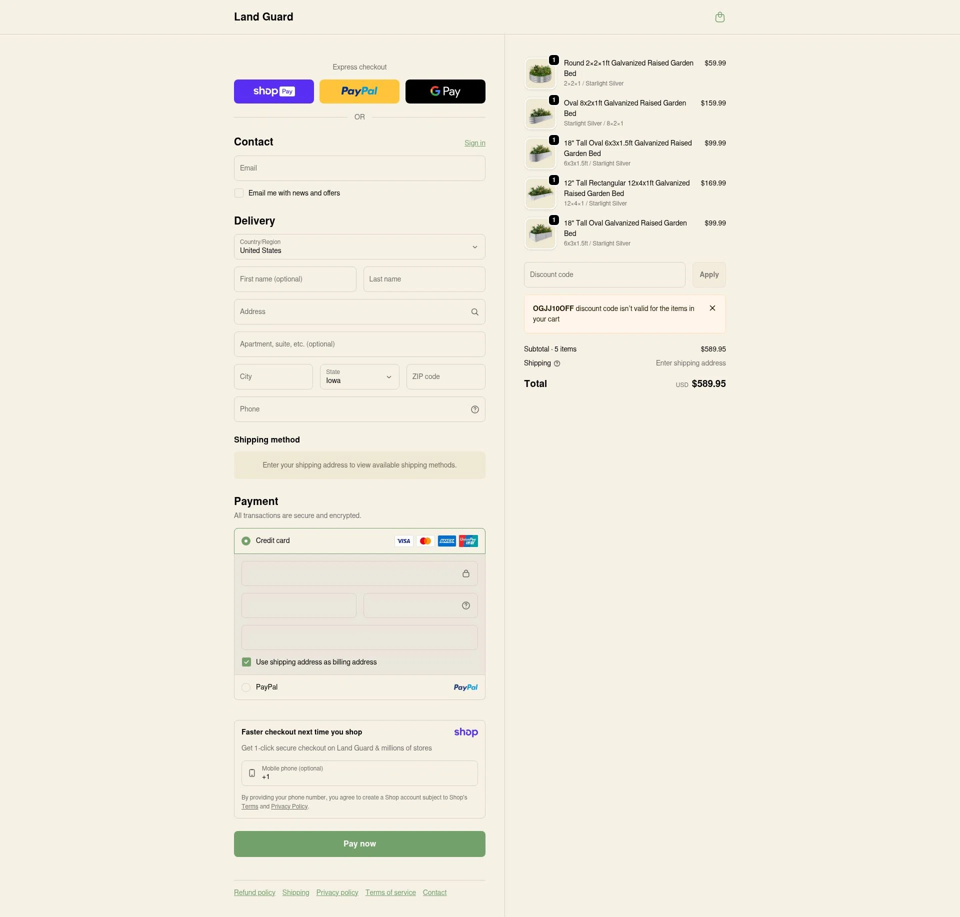 Land Guard checkout page showing Land Guard promo code box | Screenshot taken by SimplyCodes community member on Jan 10, 2026