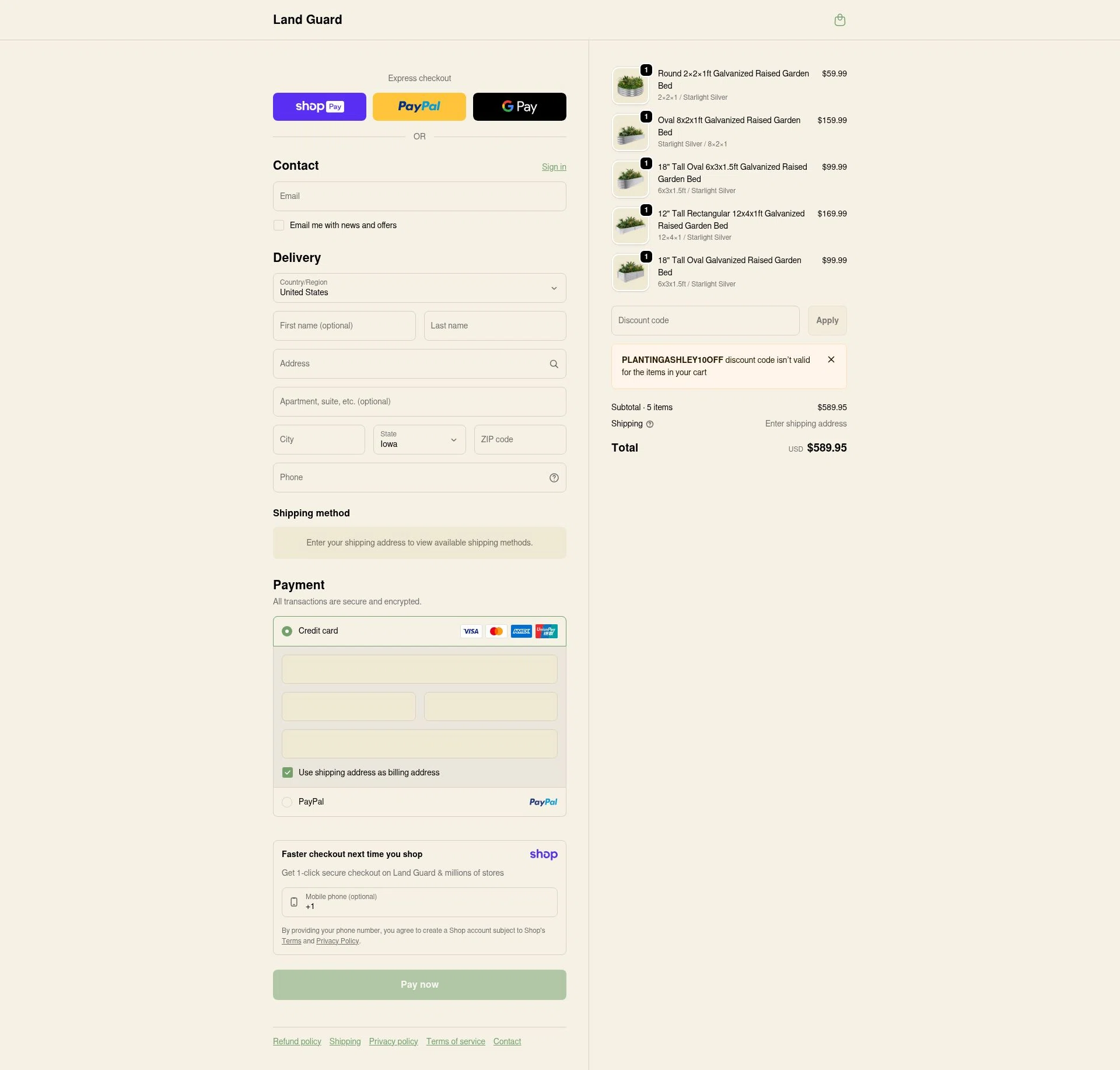 Land Guard checkout page showing Land Guard promo code box | Screenshot taken by SimplyCodes community member on Jan 10, 2026