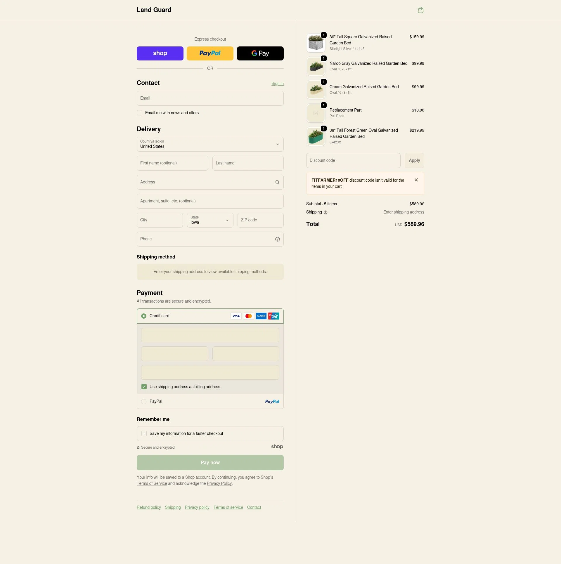 Land Guard checkout page showing Land Guard promo code box | Screenshot taken by SimplyCodes community member on Jan 5, 2026