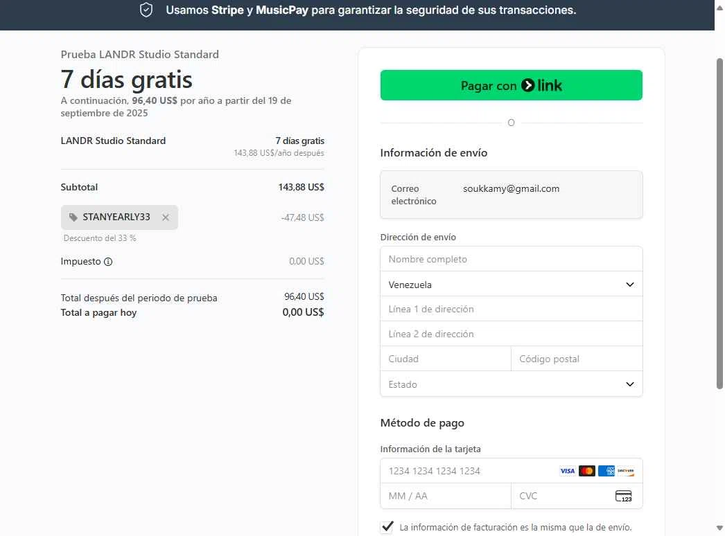 LANDR checkout page showing LANDR promo code box | Screenshot taken by SimplyCodes community member on Sep 13, 2025