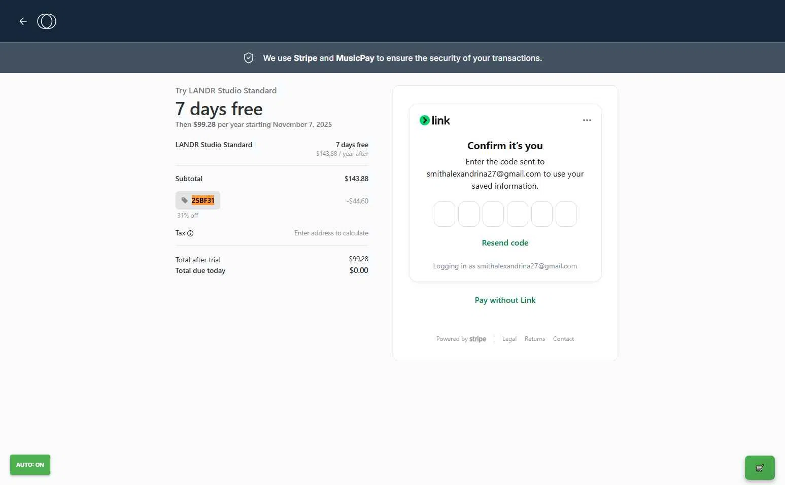 LANDR checkout page showing LANDR promo code box | Screenshot taken by SimplyCodes community member on Nov 1, 2025