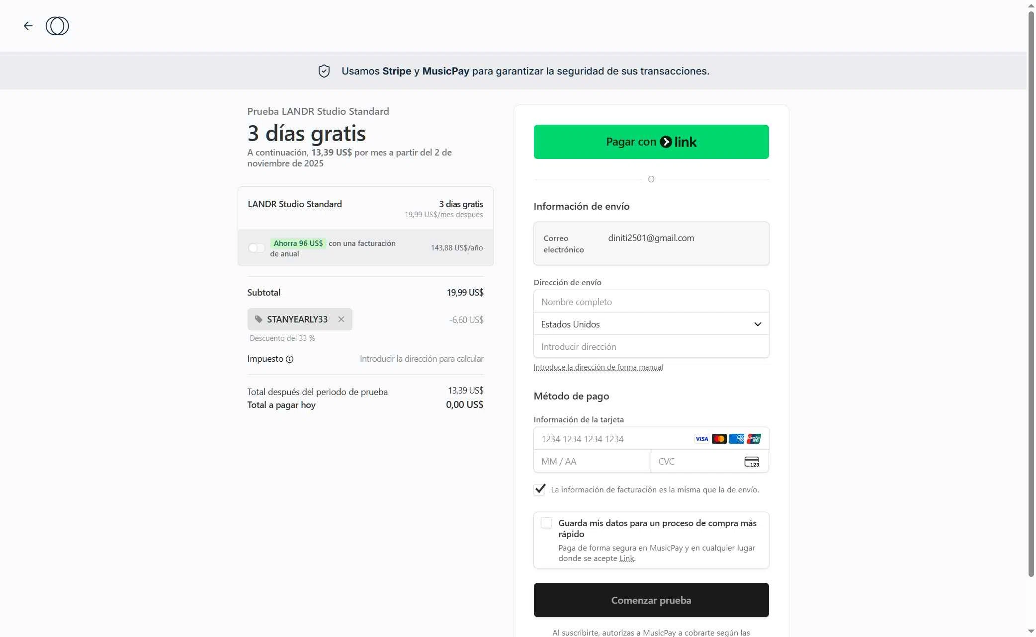 LANDR checkout page showing LANDR promo code box | Screenshot taken by SimplyCodes community member on Oct 30, 2025
